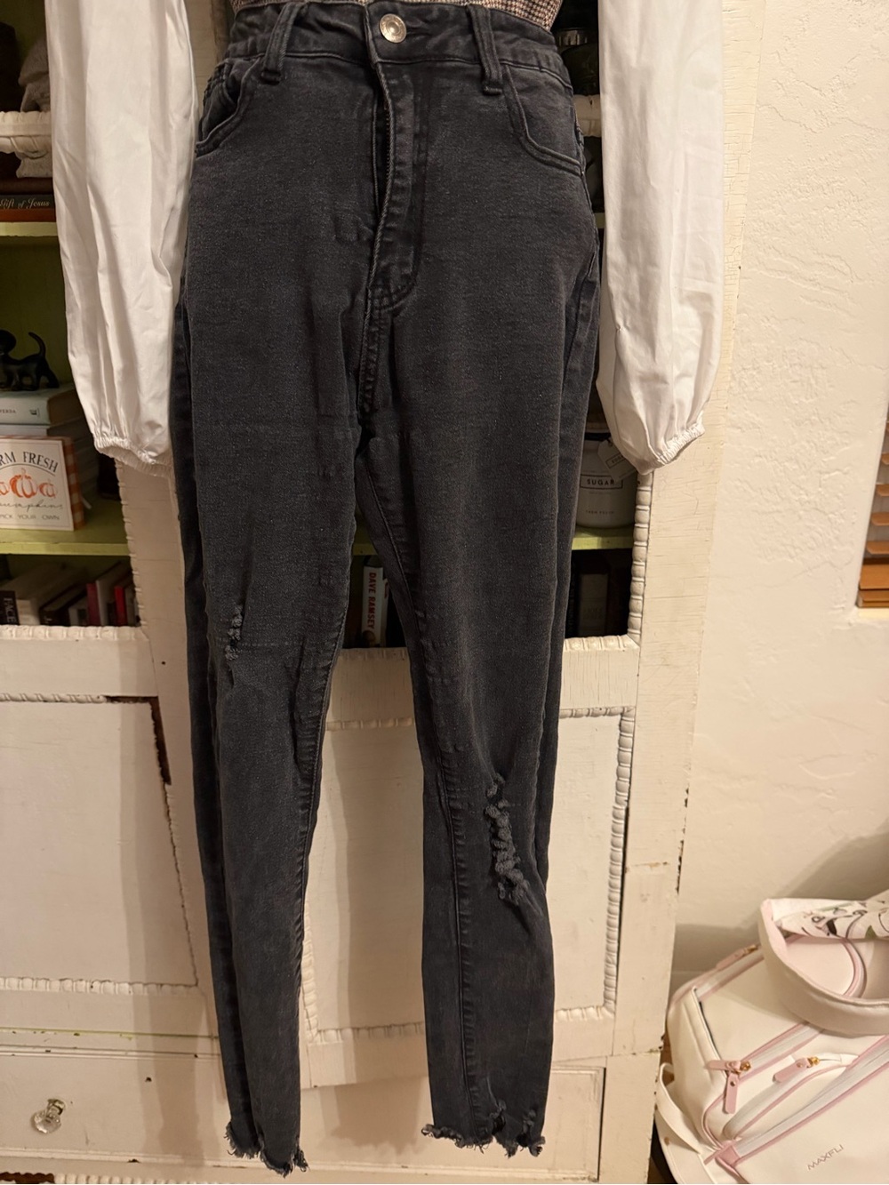 SHEIN High-Rise Washed Black Distressed Jeans